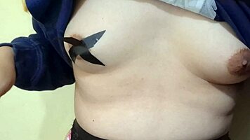 blonde sissy milks swollen nipples slaps them raw with huge dildo bdsm slave