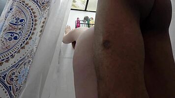 young white lady curiously lets black guy tease her spot in the shower