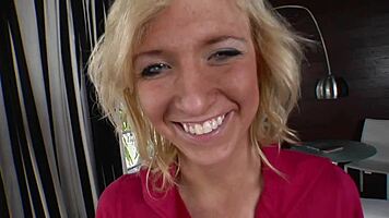 skinny legal blonde proves age riding cock cowgirl then swallows man milk