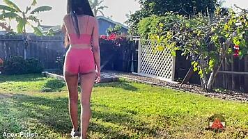 Asian Model Big Ass Yoga Outdoor Public Shorts Tease Slow Motion