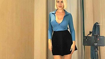 Young blonde flashes see-through big boobs in public fitting room begging for sneaky fuck