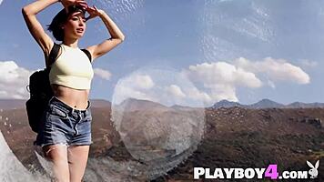 sexy petite babe strips clothes ripped naked posing all natural small tits on hot hike