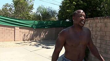 A super skinny ebony babe takes huge black cock pounding her shaved pussy deep in doggystyle!