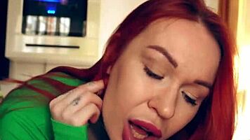 Tattooed redhead beauty sucks cock deep in secret nap pov