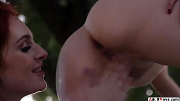 Neighbor devours redhead's wet pussy outdoors boldly