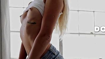 stunning petite blonde irina ri strips naked after teasing striptease