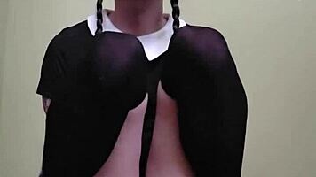 omg ts wednesday addams cums hard on huge dildo play