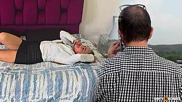 stepmom fucks young stud while chatting on phone with clueless husband