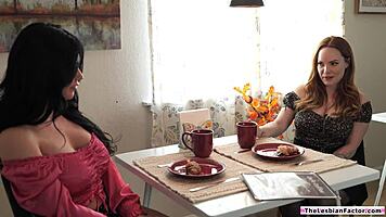 brunette lesbian eagerly sucks redhead's big natural tits then licks shaved pussy