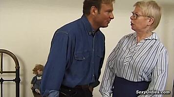 Blonde german granny sucks cock and fucks young stud