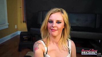 skinny tattooed blonde myaa jerks massive cock before pussy pounding facial cumshot