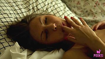 Skinny Roxana's solo ass fingering and vibrator clit play in bedroom socks