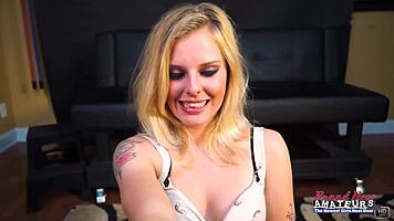 skinny tattooed blonde myaa jerks massive cock before pussy pounding facial cumshot