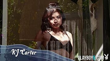 Gorgeous petite asian model kj carter strips to shaved nude pussy