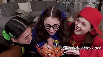 Neighbor Blackmails Halloween Sluts Into Creampie Group Ride