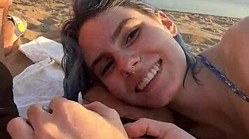 Hey, we sneaked wild sex on that crowded public beach with creampie