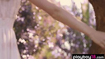 Lovely german brunette Bianka Helen teases outdoor strip to bare curves