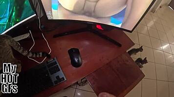 my girlfriend catches me stroking cock after work