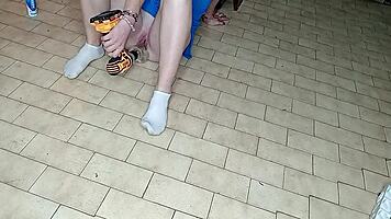 drilling skinny blonde babe's tight pussy with long legs spread wide