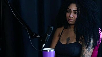 Naughty Black Sara Ventur Teases Tits and Blowjob in Sheer Red Lingerie