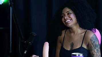 Naughty Black Sara Ventur Teases Tits and Blowjob in Sheer Red Lingerie