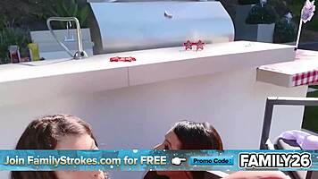 Stepmom stepdaughter duo suck ride shared cock outdoors