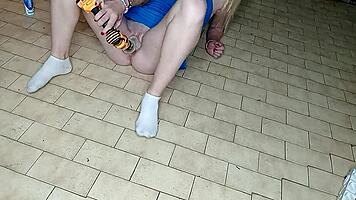 drilling skinny blonde babe's tight pussy with long legs spread wide