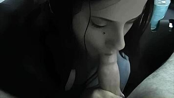 busty brunette amateur sucks fat cock deep in the car outdoors