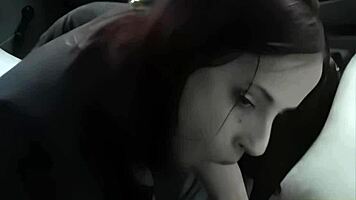 busty brunette amateur sucks fat cock deep in the car outdoors