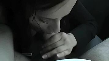 busty brunette amateur sucks fat cock deep in the car outdoors