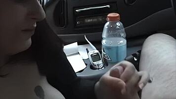 busty brunette amateur sucks fat cock deep in the car outdoors