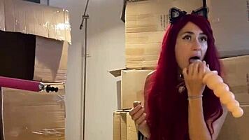 Naughty redhead fetish babe strips teases then sucks huge cock on sex machine