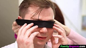 redhead babe and busty friend blindfold threesome surprise guy