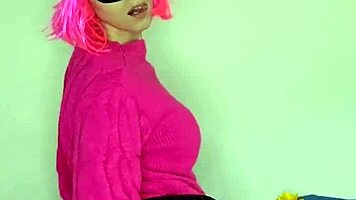 watch me grope my big natural tits in kitty mask lingerie corset stockings dildo play housewife tease