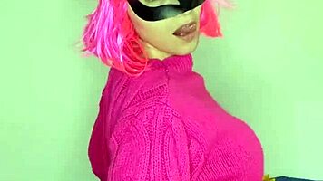 watch me grope my big natural tits in kitty mask lingerie corset stockings dildo play housewife tease
