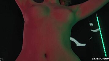 See skinny blonde Angelq rip lingerie on stage in heels!