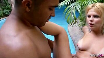 Whoa, fat cock destroys blonde Brazilian's tight anal by the pool!