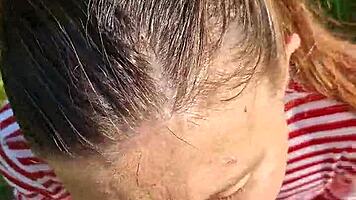 Fucking wet brunette's slobbery mouth on hot summer day