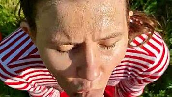 Fucking wet brunette's slobbery mouth on hot summer day