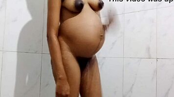 pregnant latina bhabi bathes curvy body as husband watches milk tits drip