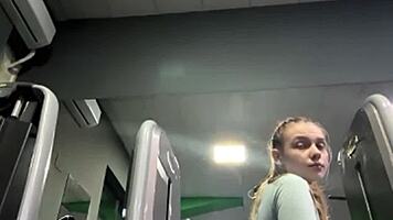 blonde teen wet pussy fingered to orgasm public gym fuck