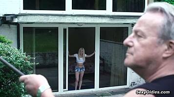 horny busty babe takes old man's cock deep inside