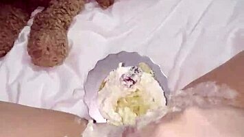 kinky 18+ teen masturbates with creamy cake in 4k