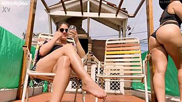 Big Ass April and Belle Amore Guzzle Pee Non-Stop on Terrace