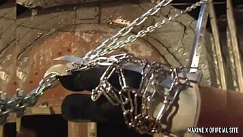 Skinny brunette whore Scott Rhodes gags on deepthroat toys and squirts in cage humiliation