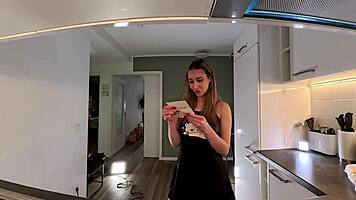 Hot Dorm Babe In Nightie Bored In Kitchen—What Next?!