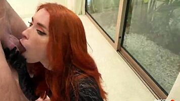 redhead sweetie fox in fishnets rides cock passionately on floor till cum drenches ass