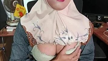 Hijab ladyboy strokes huge cock solo till explosive cum