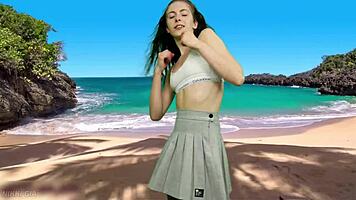 No Panties Teen's Wet Pussy Exposed By Wild Beach Wind Gust!