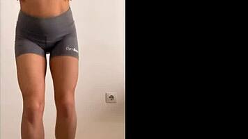 Young amateur fitness girl Mvivien strips leggings during workout